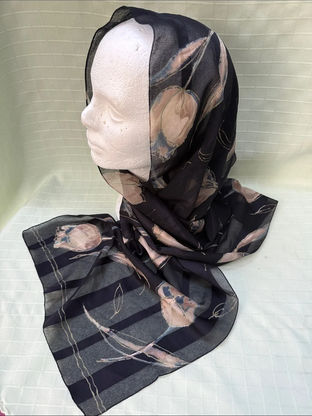 Vintage Floral Sheer Black Scarf with Tan hand painted tulips